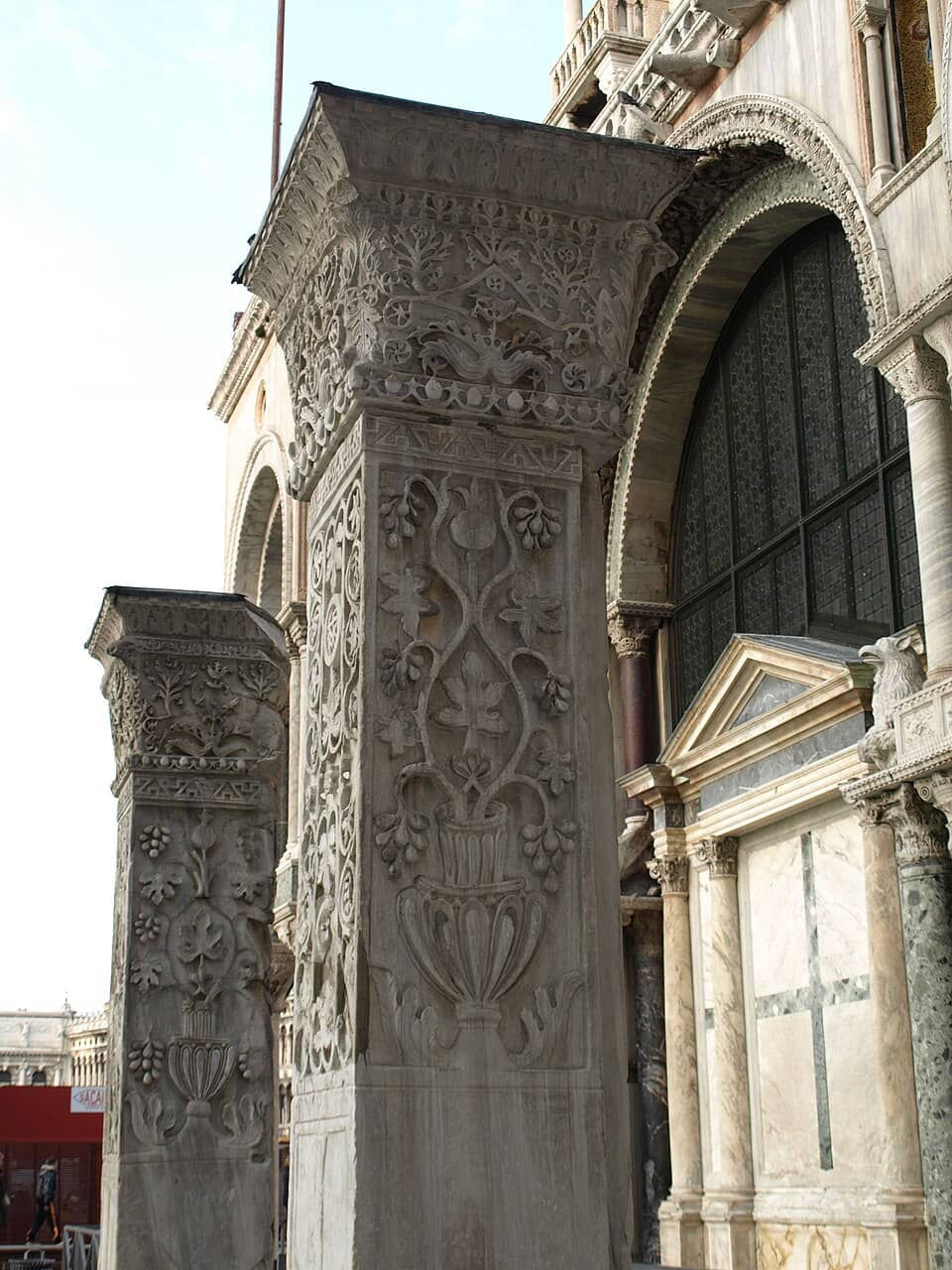 Pilastri Acritani carved pillars from Constantinople's Church of St Polyeuktos outside St Mark's Bas