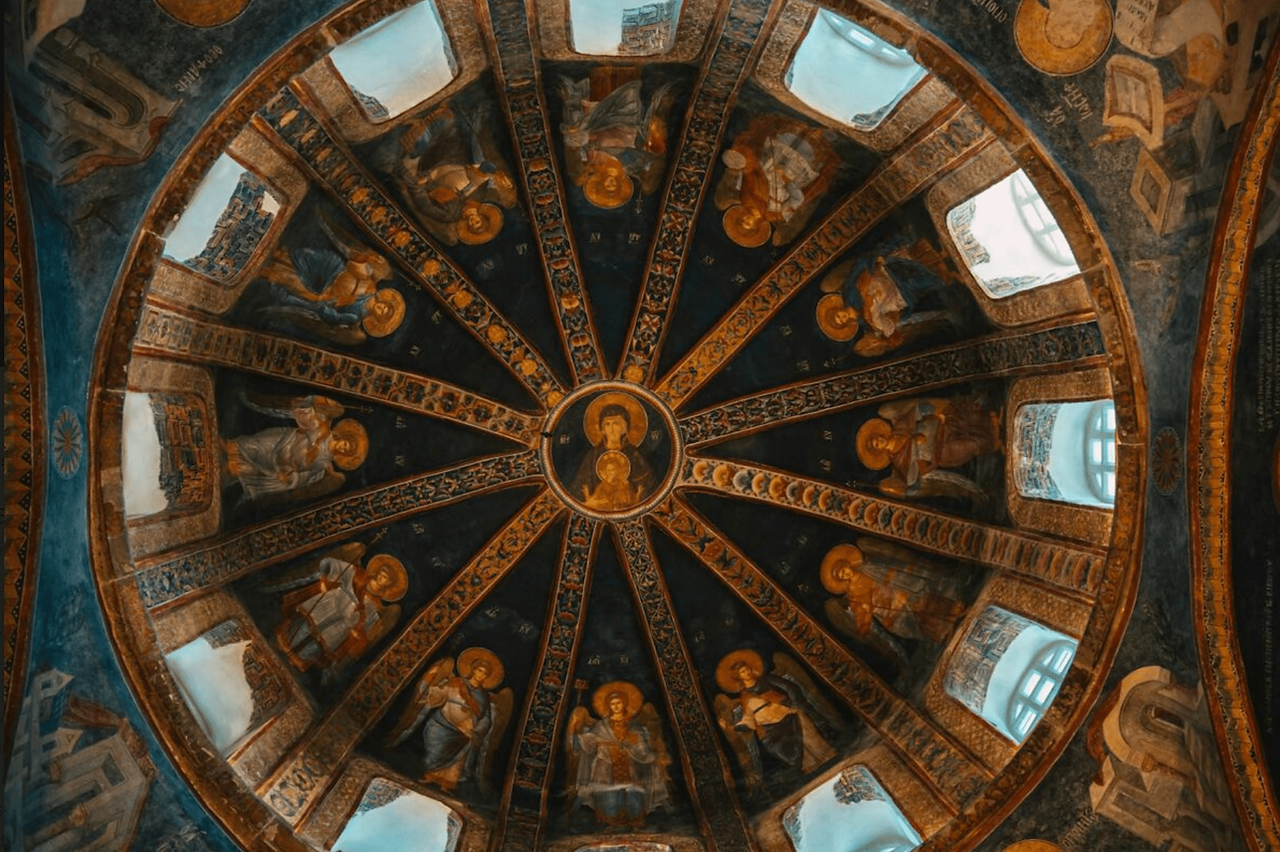 Interior dome of Chora Church (Kariye Camii) featuring Byzantine mosaics of Christ and angels.