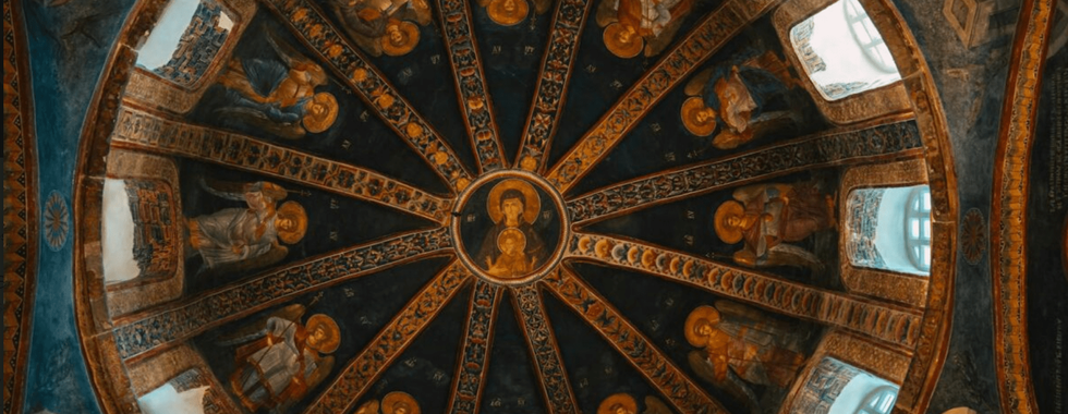 Interior dome of Chora Church (Kariye Camii) featuring Byzantine mosaics of Christ and angels.