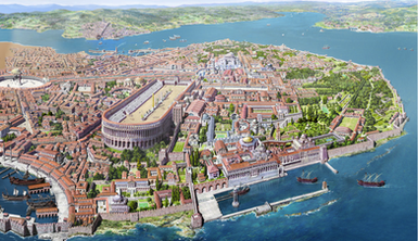 Illustrated reconstruction of Constantinople during the Byzantine Empire, showing the Hippodrome, Hagia Sophia, and the Great Palace