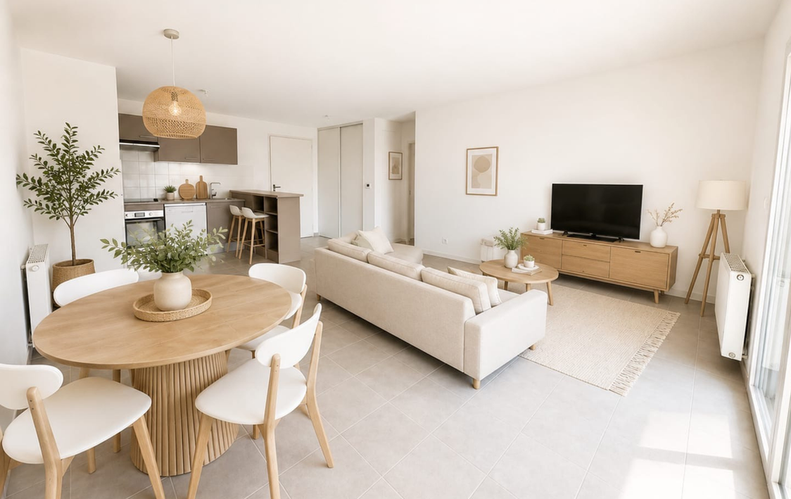 salon cuisine Appartement T3 de 63,03 m² avec grande terrasse de 31m² et deux places de parking, Castanet Tolosan (31320)