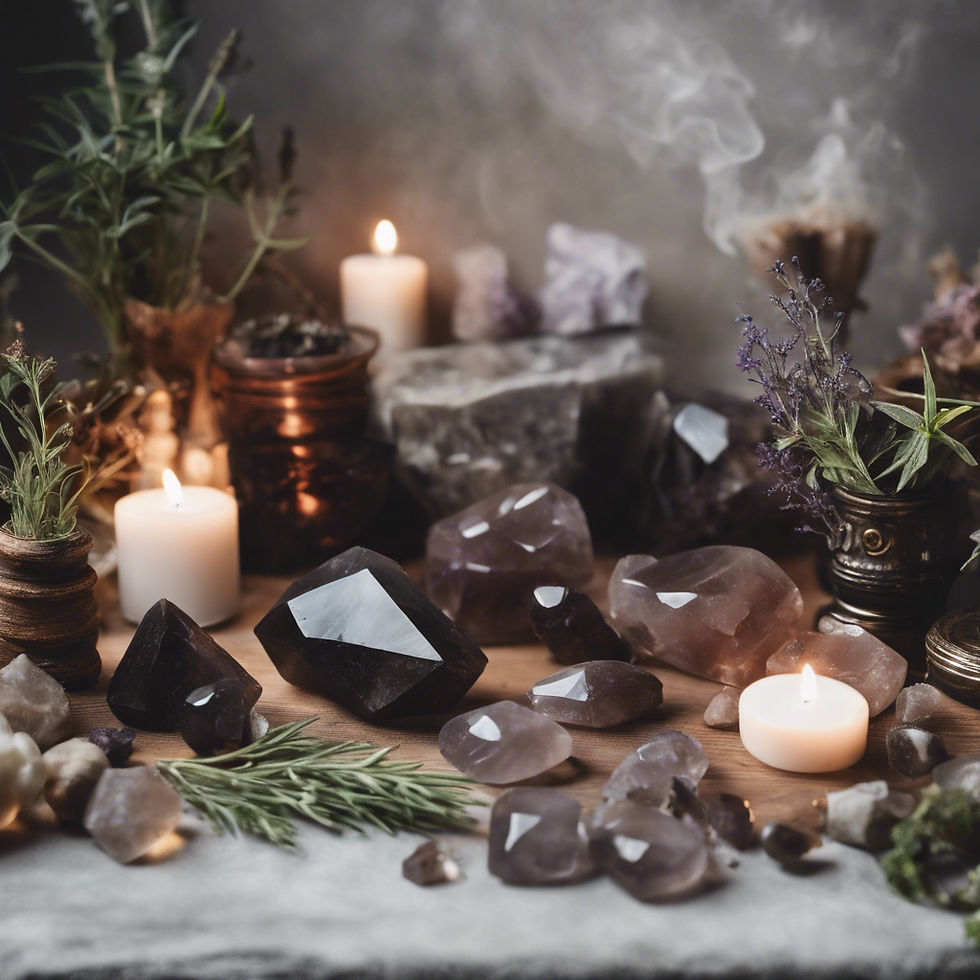 Several pieces of smokey quartz crystals and herbs.