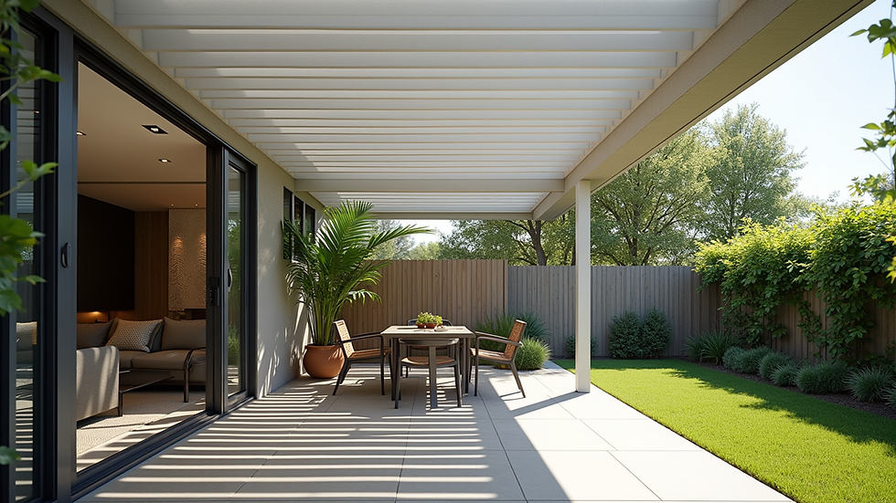 Eye-level view of a modern aluminum patio roof installed over a backyard patio
