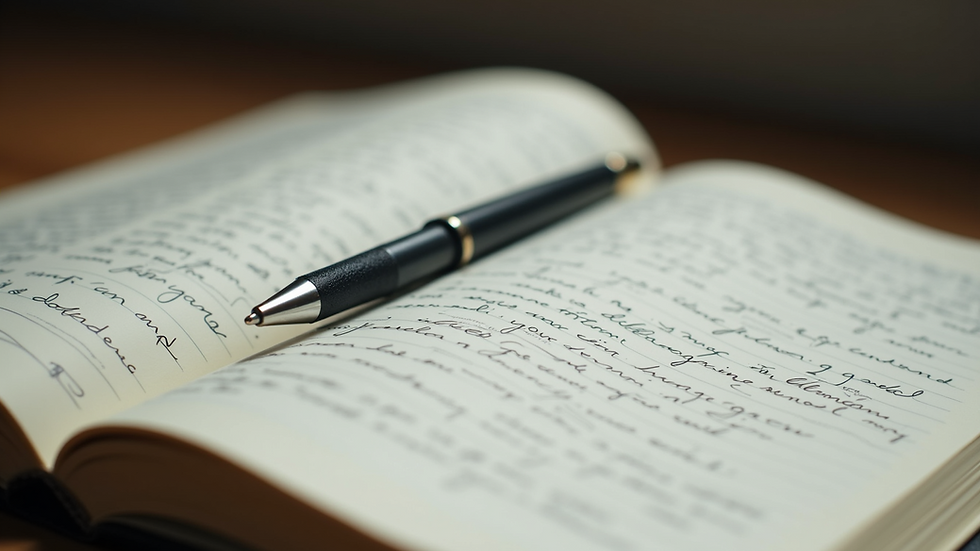 Close-up view of an open journal with a pen resting on a page filled with handwritten notes