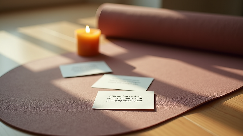 Close-up view of a yoga mat with affirmation cards and a candle