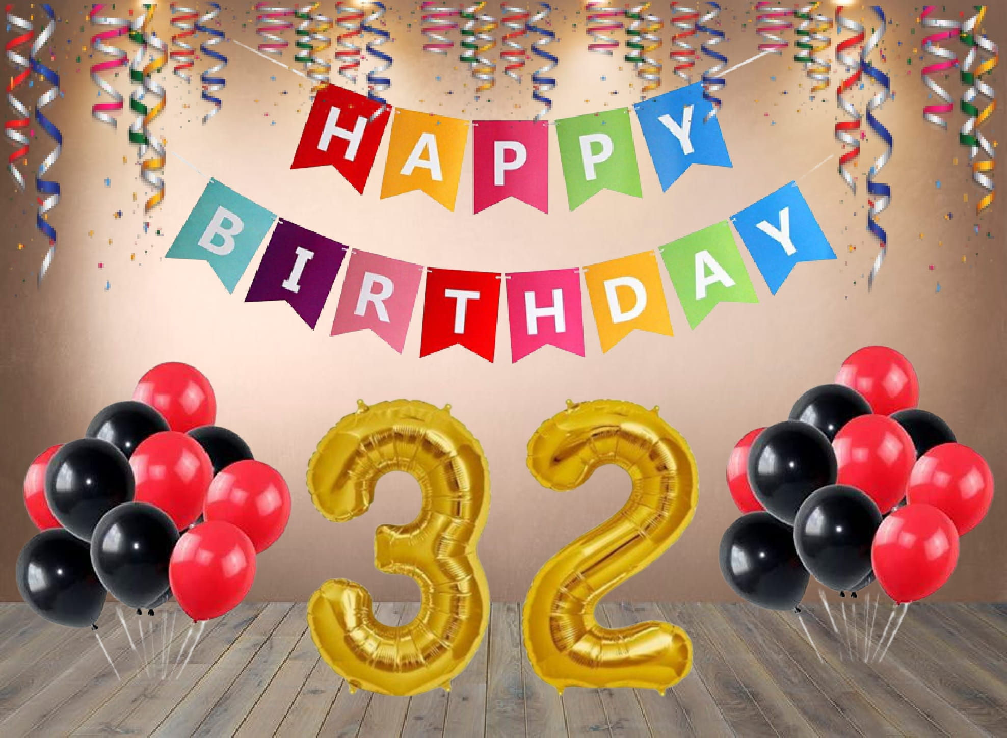 Number 32 Foil Balloon with 25 Nos Black Red Balloons and Happy Birthday Banner