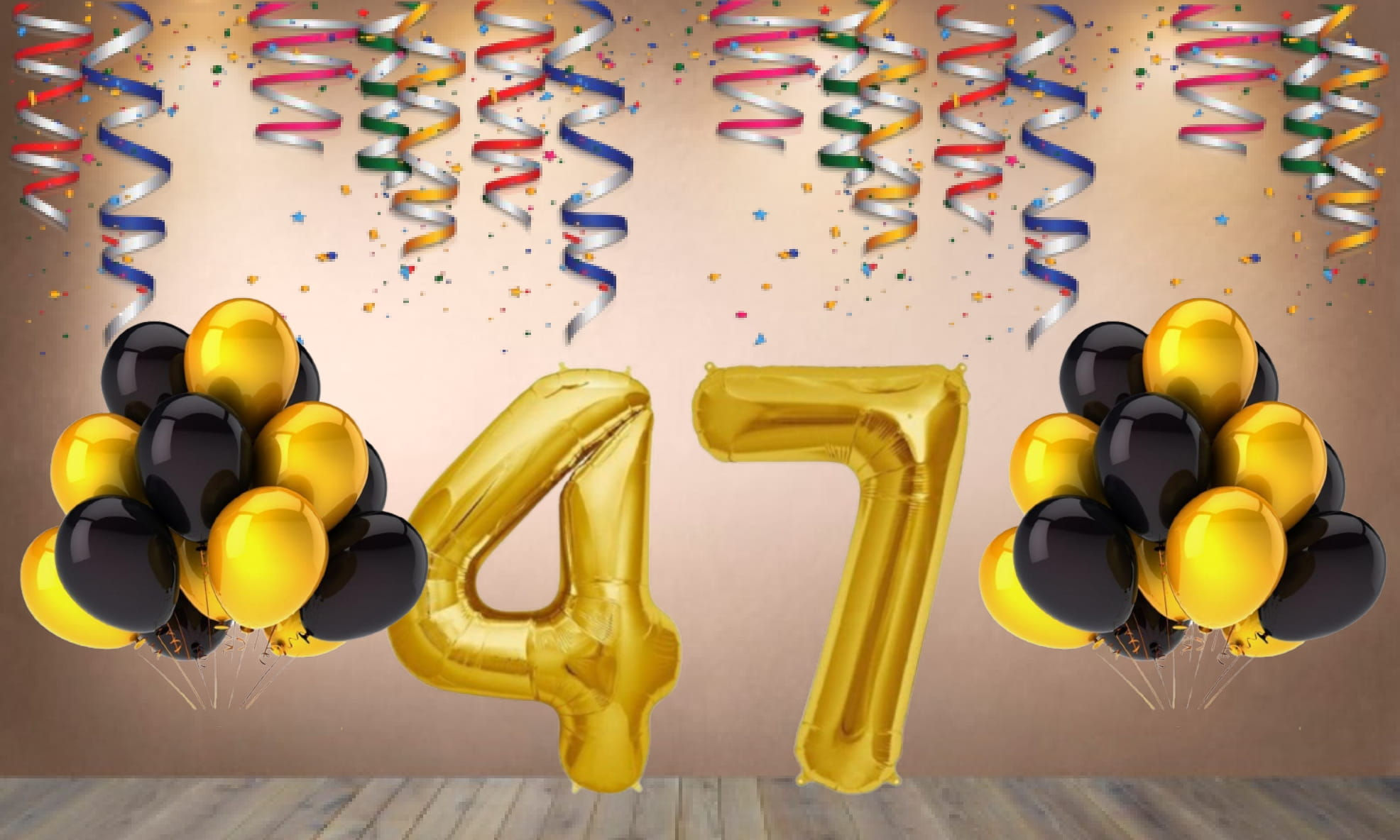 Number 47 Foil Balloon with 25 Nos Black & Gold Balloons