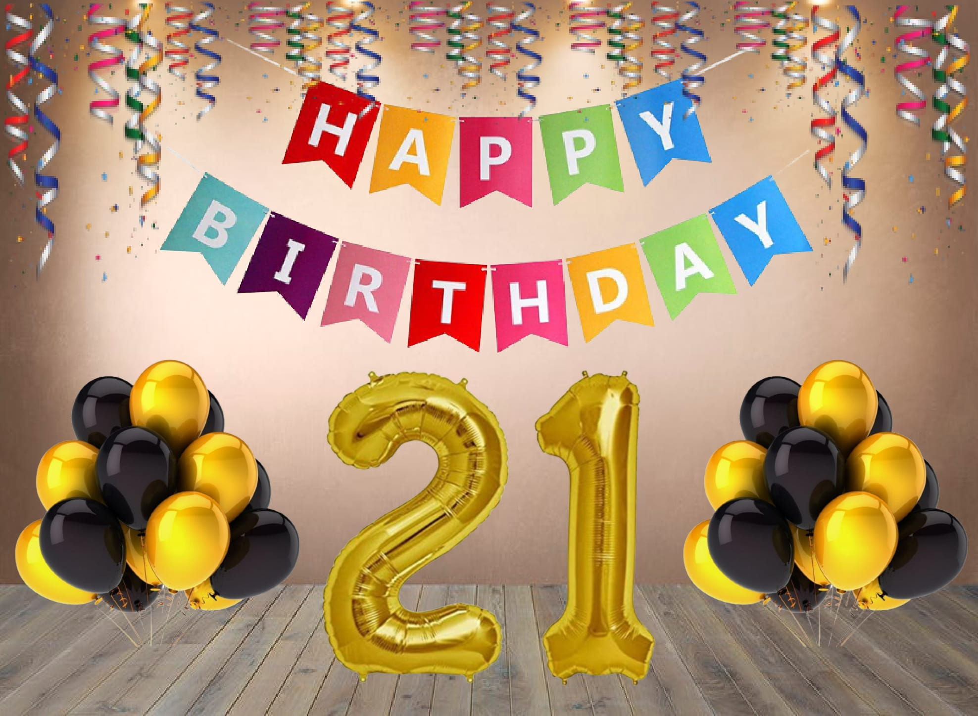 Number 21 Foil with 25 Nos Black & Gold Balloon and Happy Birthday Banner