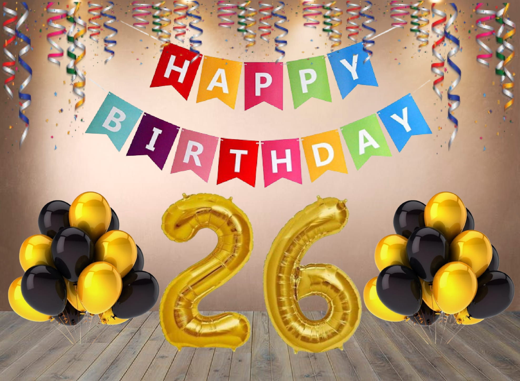 Number 26 Foil with 25 Nos Black & Gold Balloon and Happy Birthday Banner