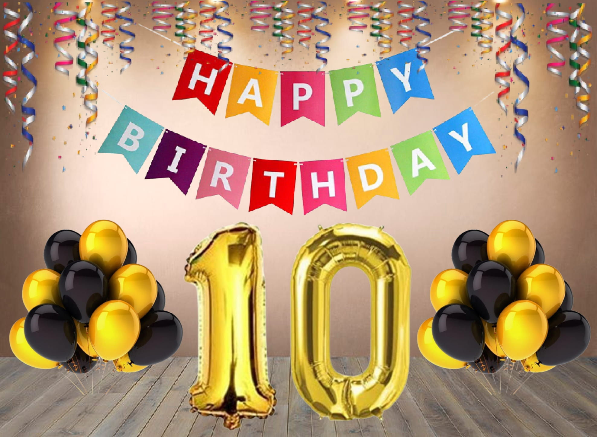 Number 10 Foil with 25 Nos Black & Gold Balloon and Happy Birthday Banner