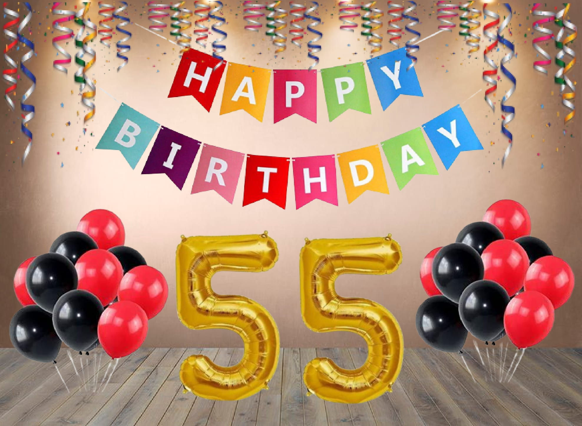 Number 55 Foil Balloon with 25 Nos Black Red Balloons and Happy Birthday Banner