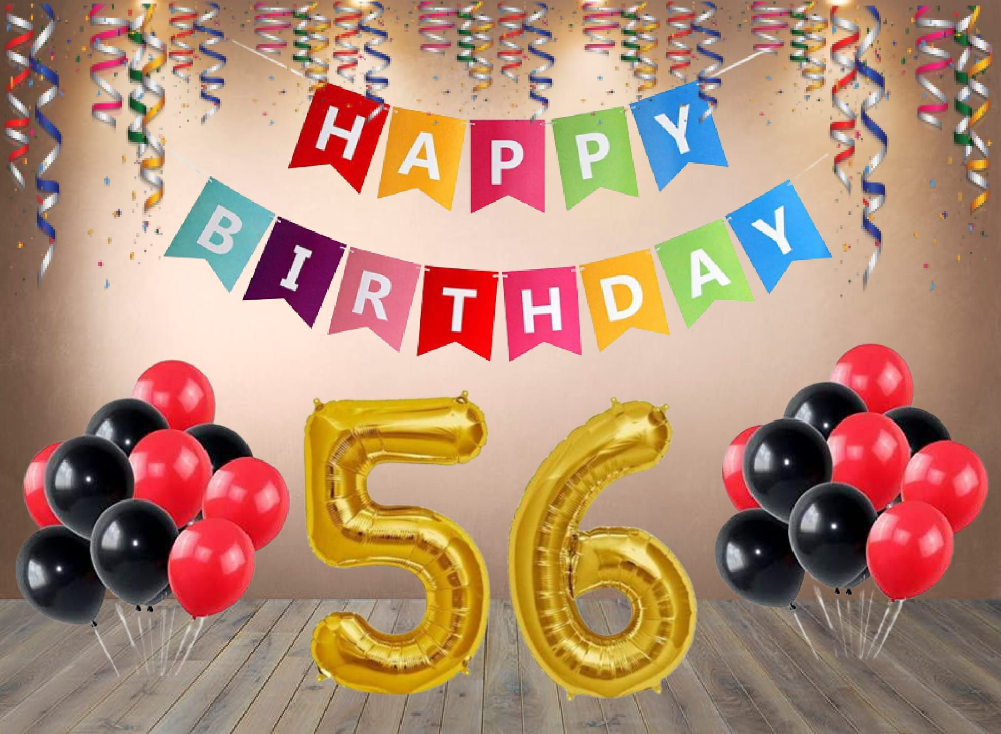 Number 56 Foil Balloon with 25 Nos Black Red Balloons and Happy Birthday Banner