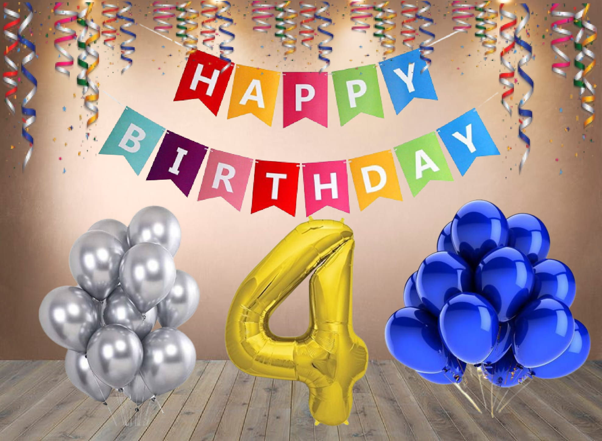 Number 4 Foil Balloon with 25 Nos Blue Silver Balloons and Happy Birthday