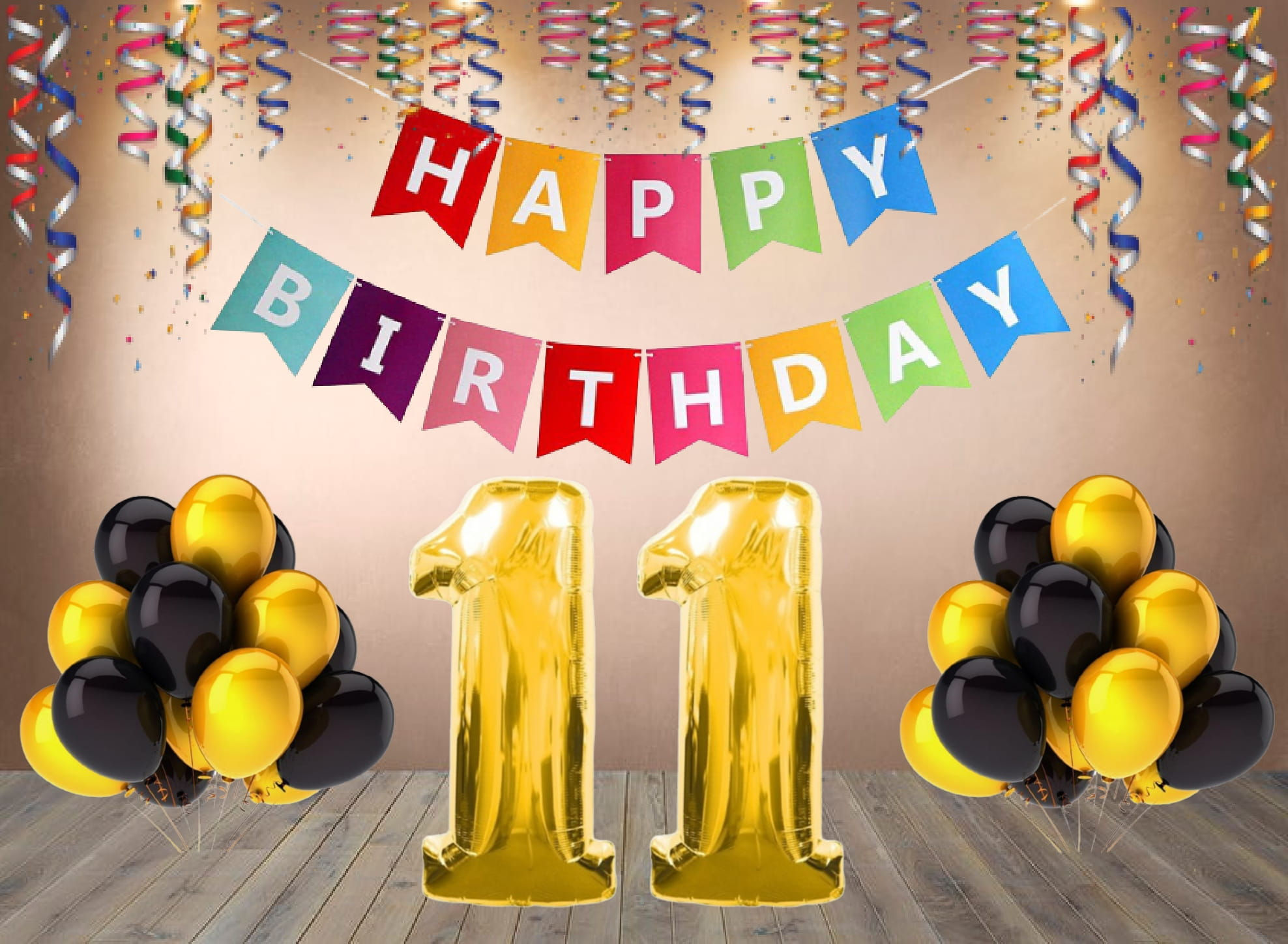 Number 11 Foil with 25 Nos Black & Gold Balloon and Happy Birthday Banner
