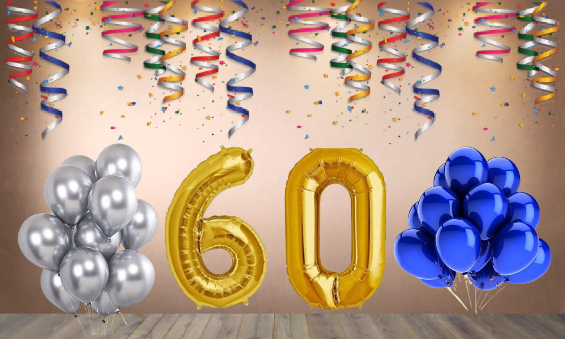 Number 60 Foil Balloon with 25 Nos Blue & Silver Balloons