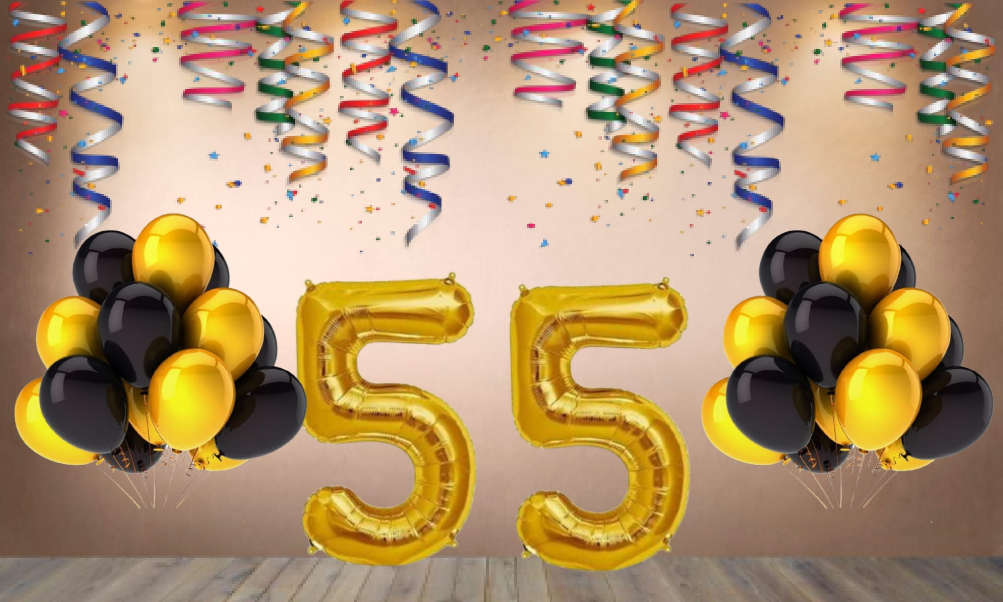 Number 55 Foil Balloon with 25 Nos Black & Gold Balloons