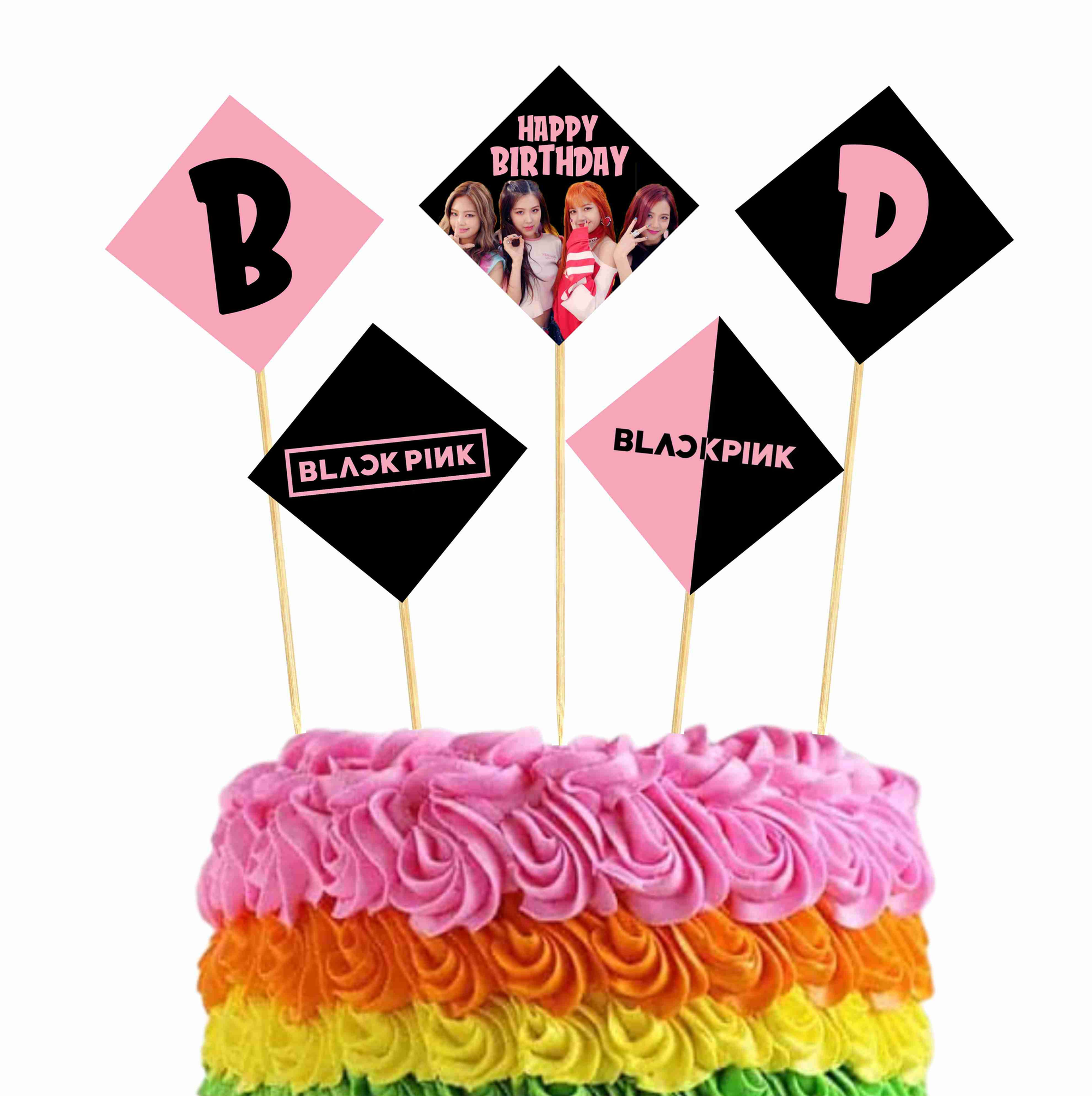 Black Pink Theme Cake Topper For Birthday Celebrations - Pack of 10