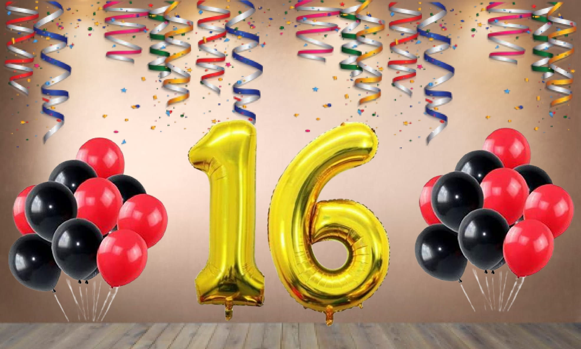 Number 16 Foil Balloon with 25 Nos Black & Red Balloons