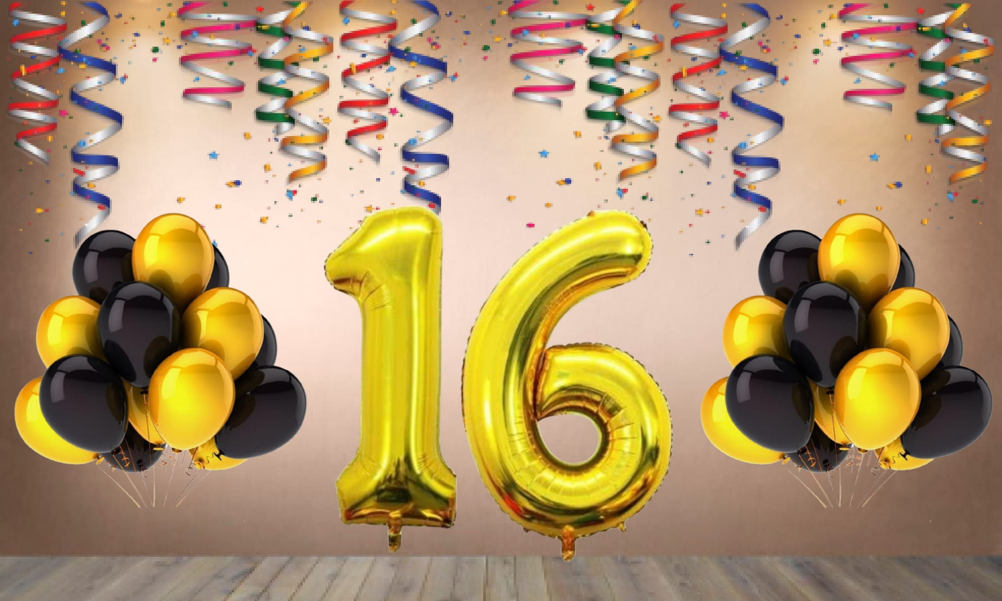 Number 16 Foil Balloon with 25 Nos Black & Gold Balloons