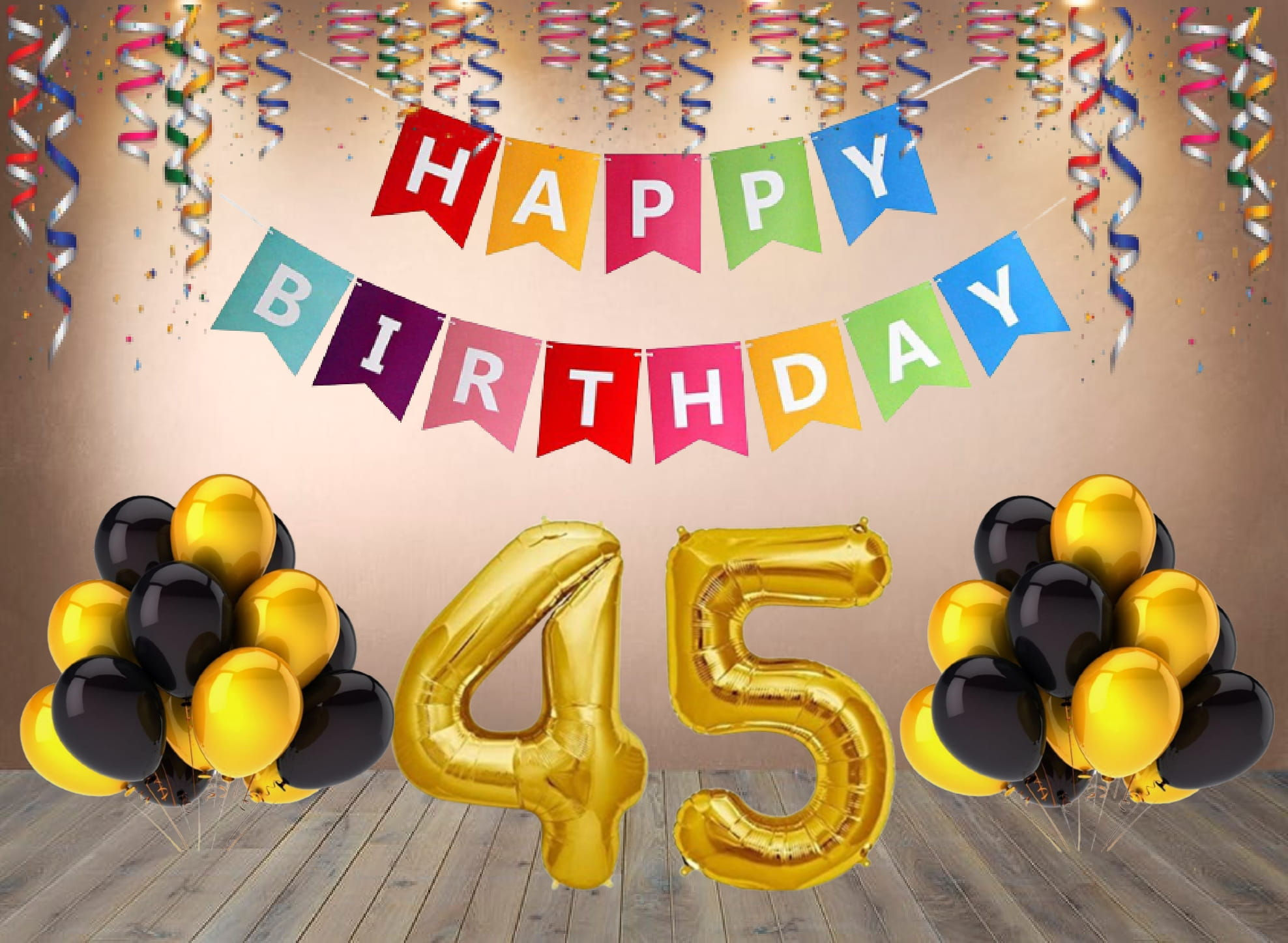 Number 45 Foil with 25 Nos Black & Gold Balloon and Happy Birthday Banner
