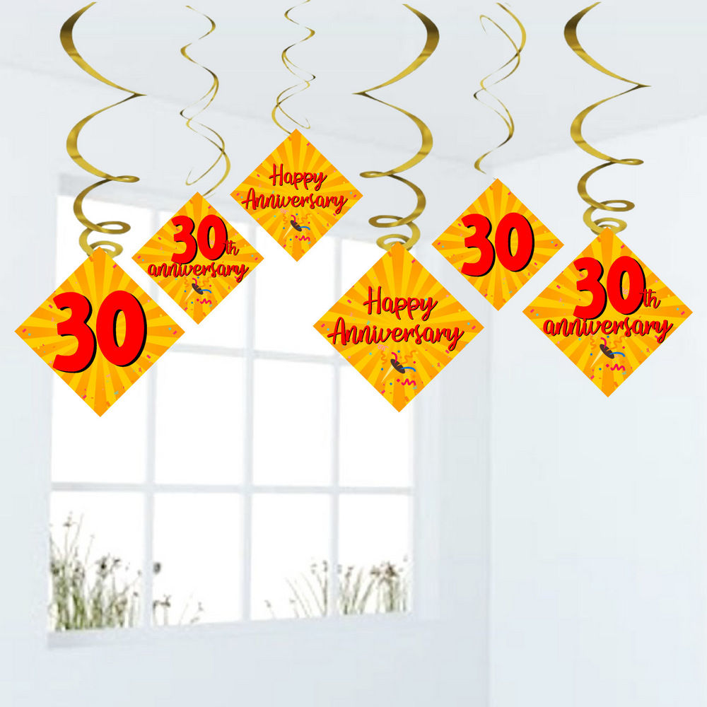 30th Anniversary Ceiling Swirls Hanging Anniversary Cutout for Party - Pack of 6