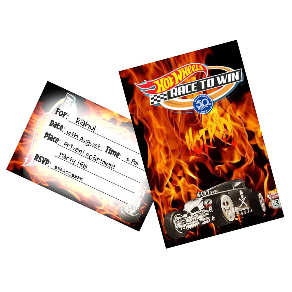 Hot Wheels Theme Invitation Cards - Pack of 10 with Envelopes