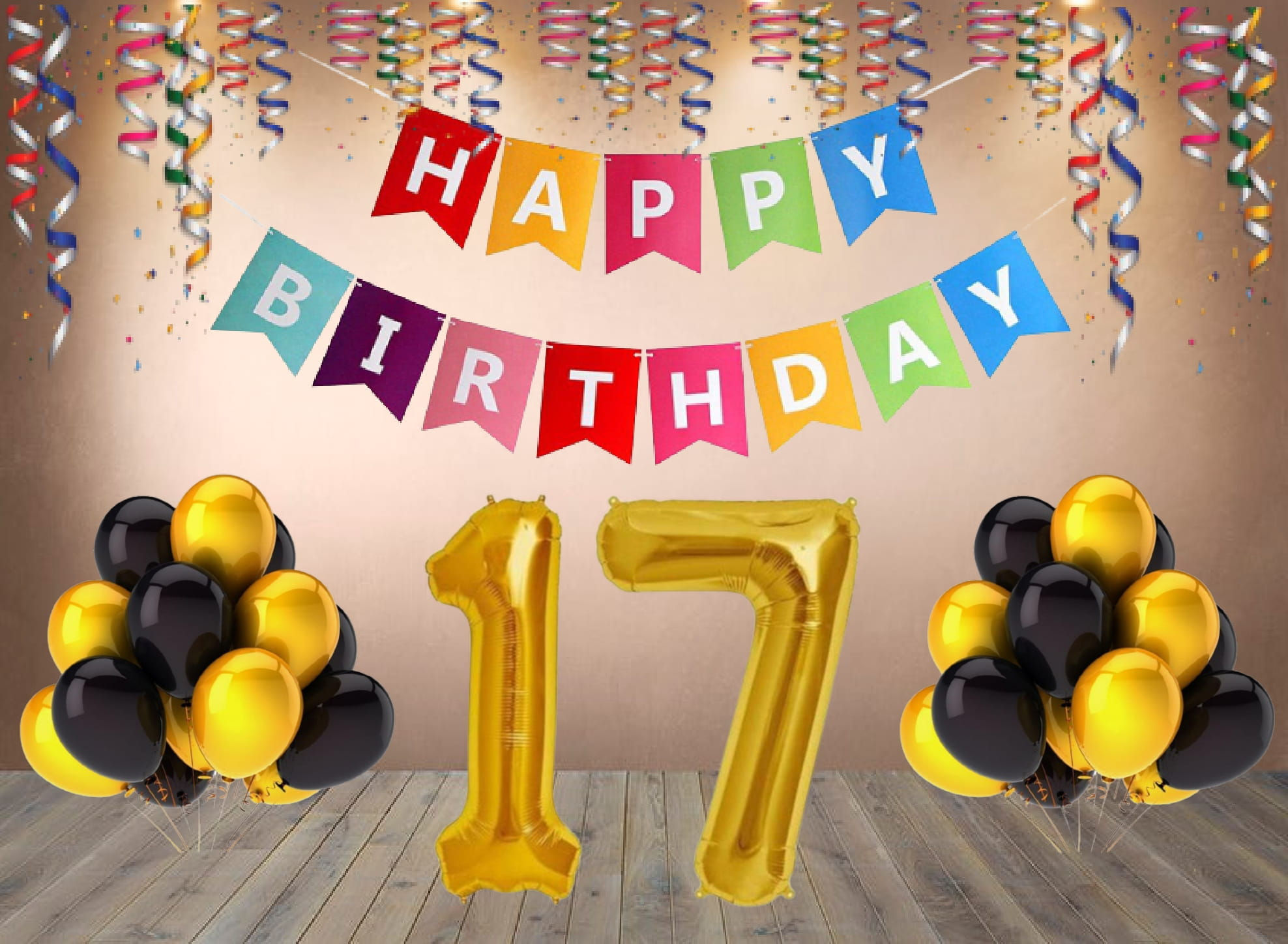 Number 17 Foil with 25 Nos Black & Gold Balloon and Happy Birthday Banner