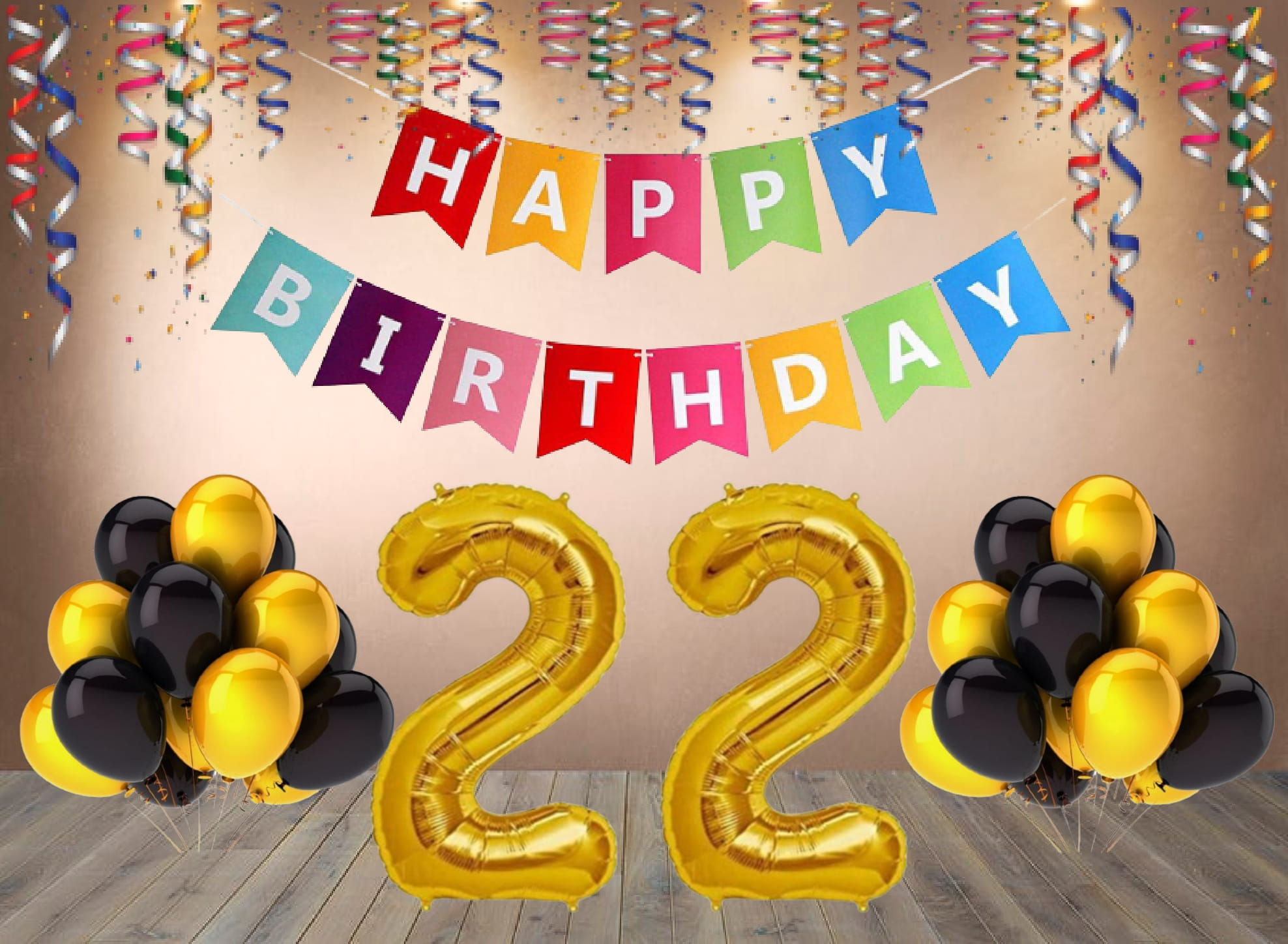 Number 22 Foil with 25 Nos Black & Gold Balloon and Happy Birthday Banner