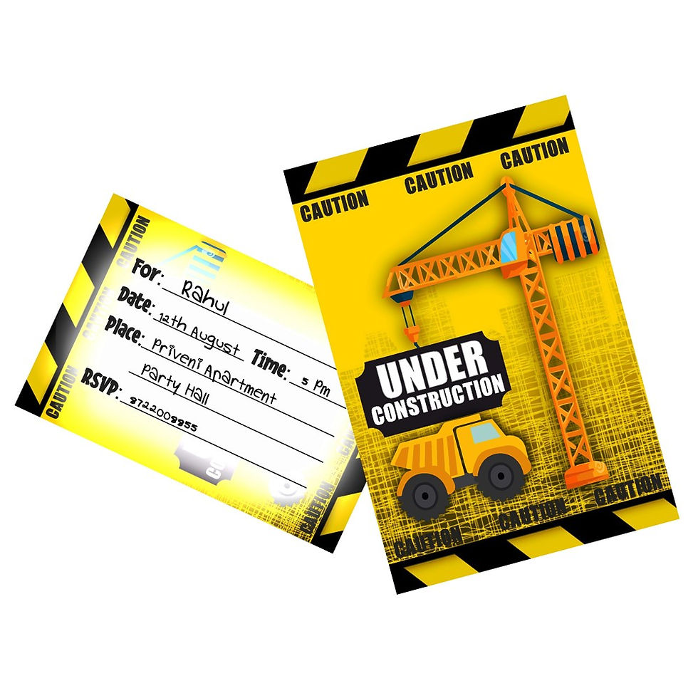 Construction Theme Invitation Cards - Pack of 10 with Envelopes