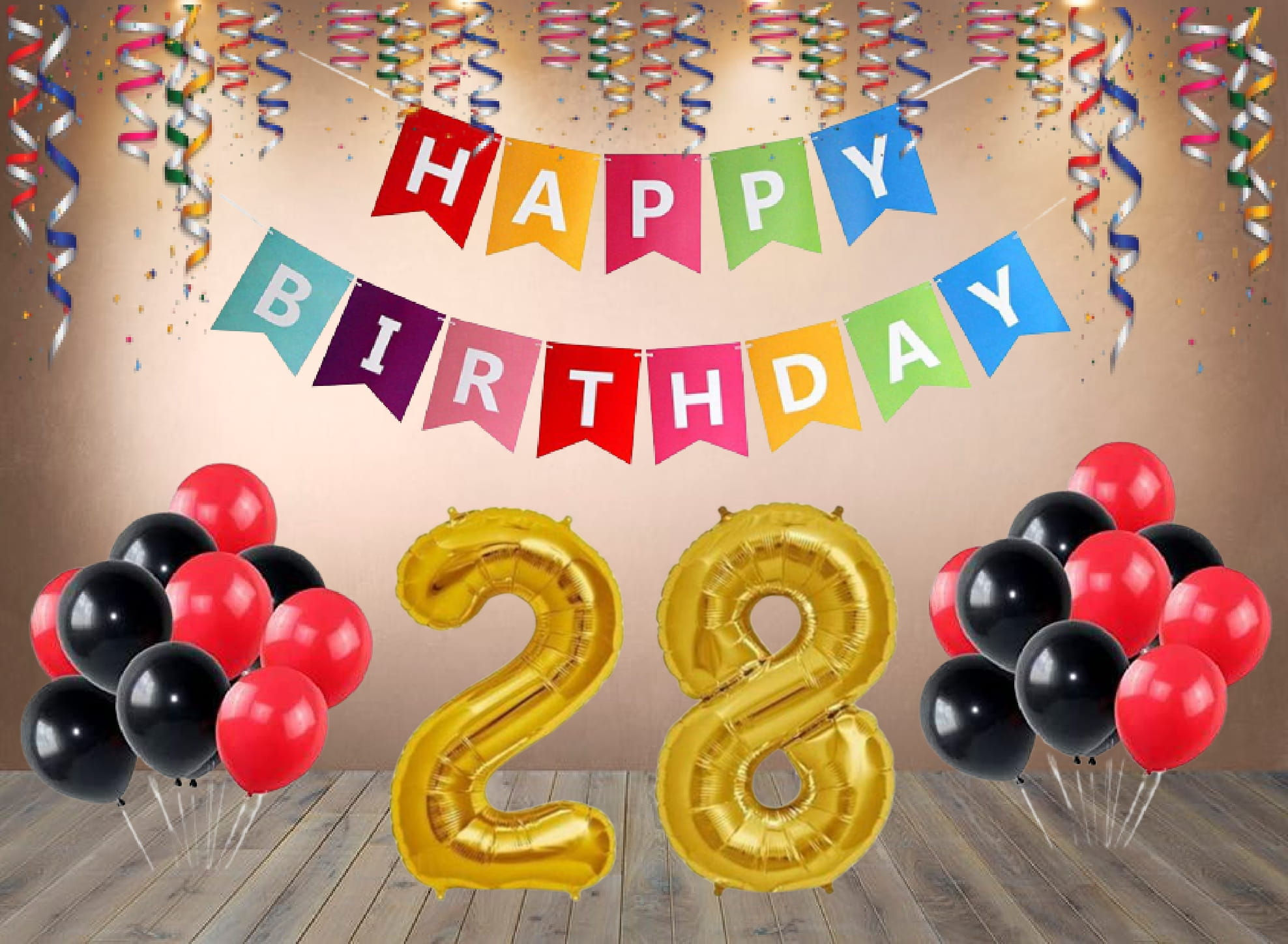 Number 28 Foil Balloon with 25 Nos Black Red Balloons and Happy Birthday Banner