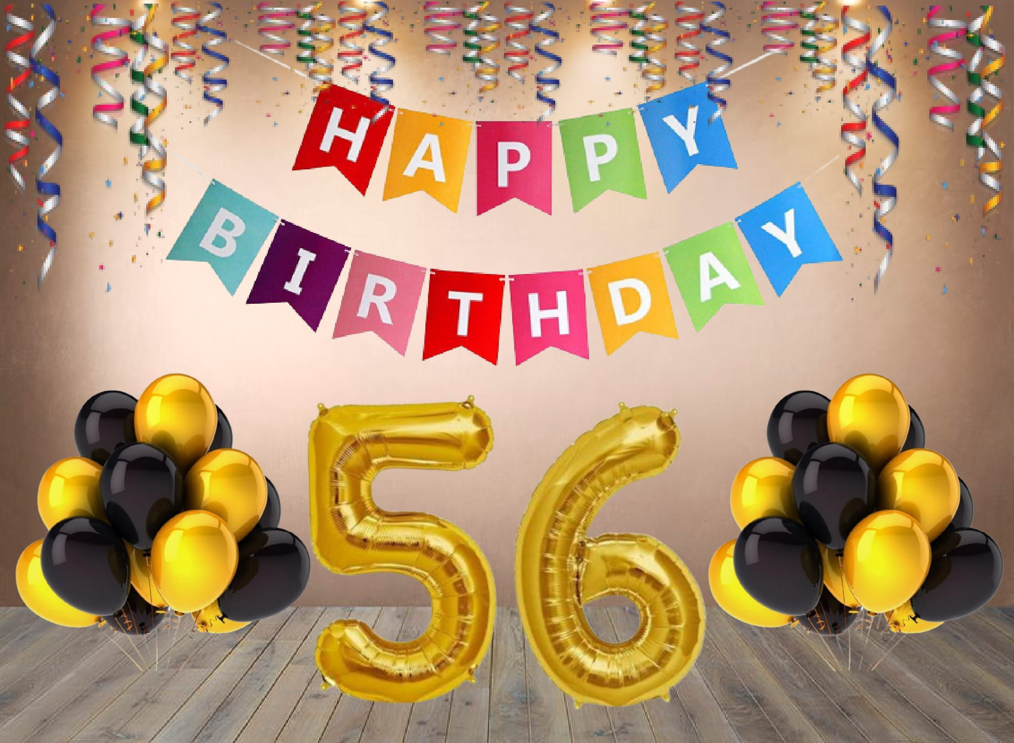 Number 56 Foil with 25 Nos Black & Gold Balloon and Happy Birthday Banner