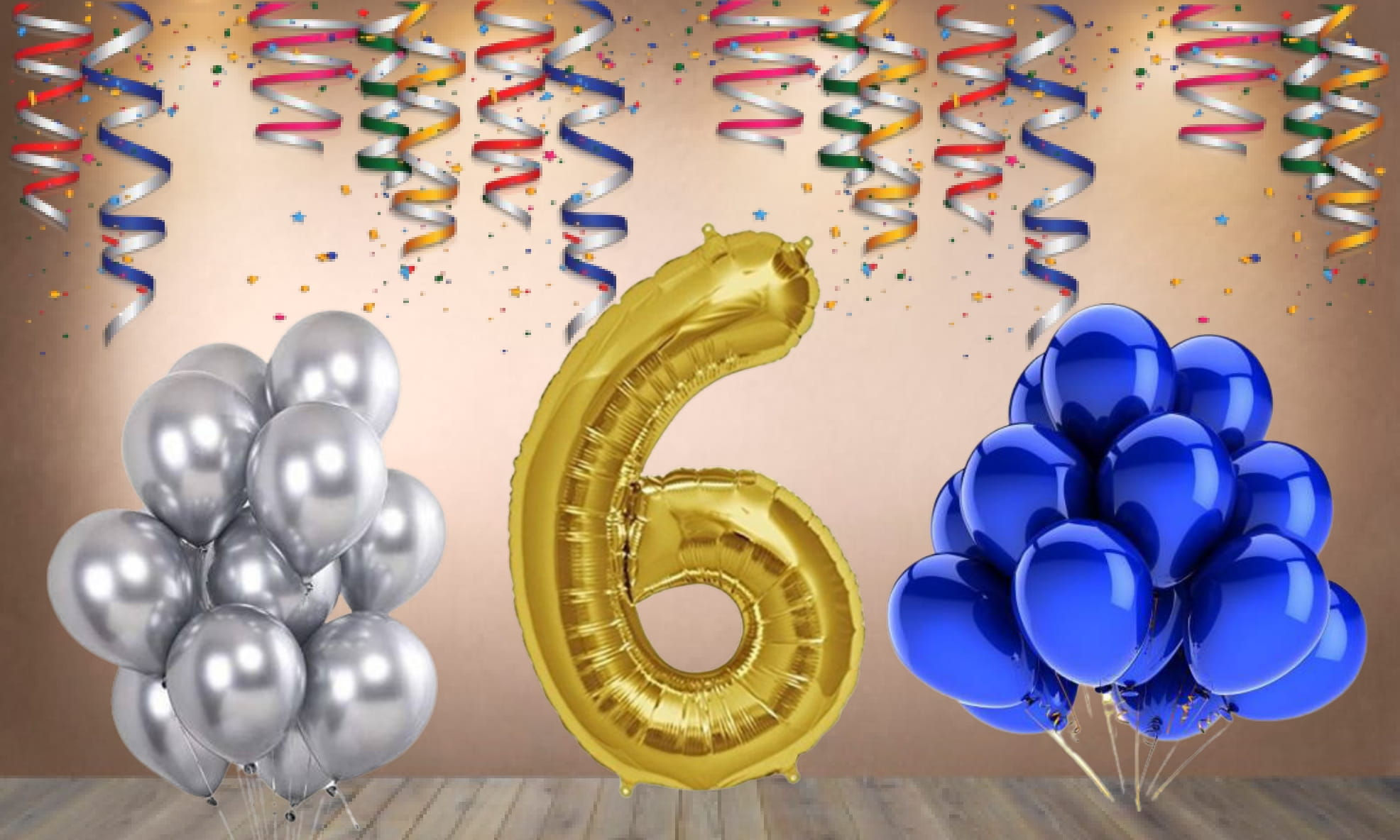 Number 6 Foil Balloon with 25 Nos Blue & Silver Balloons