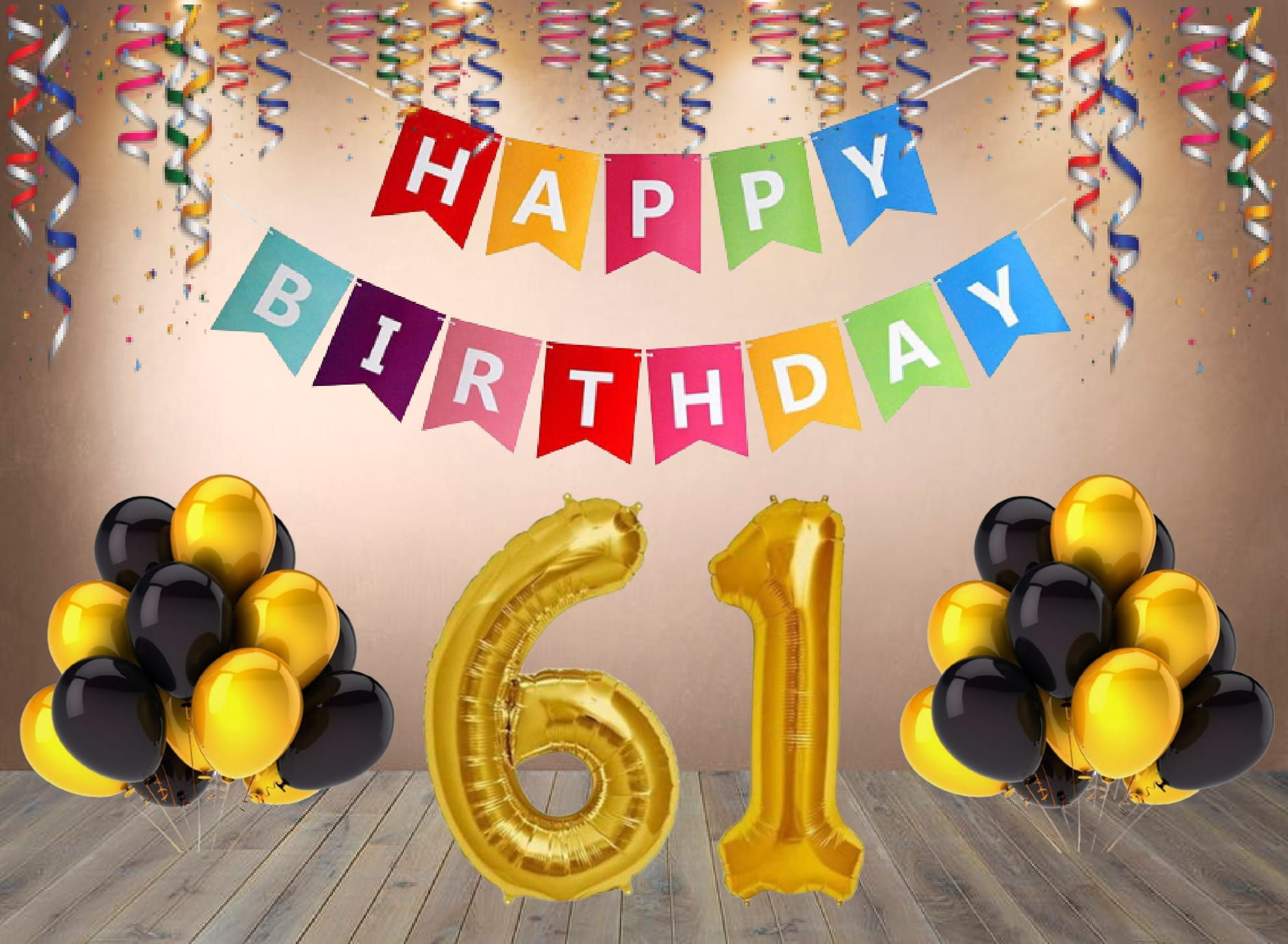 Number 61 Foil with 25 Nos Black & Gold Balloon and Happy Birthday Banner
