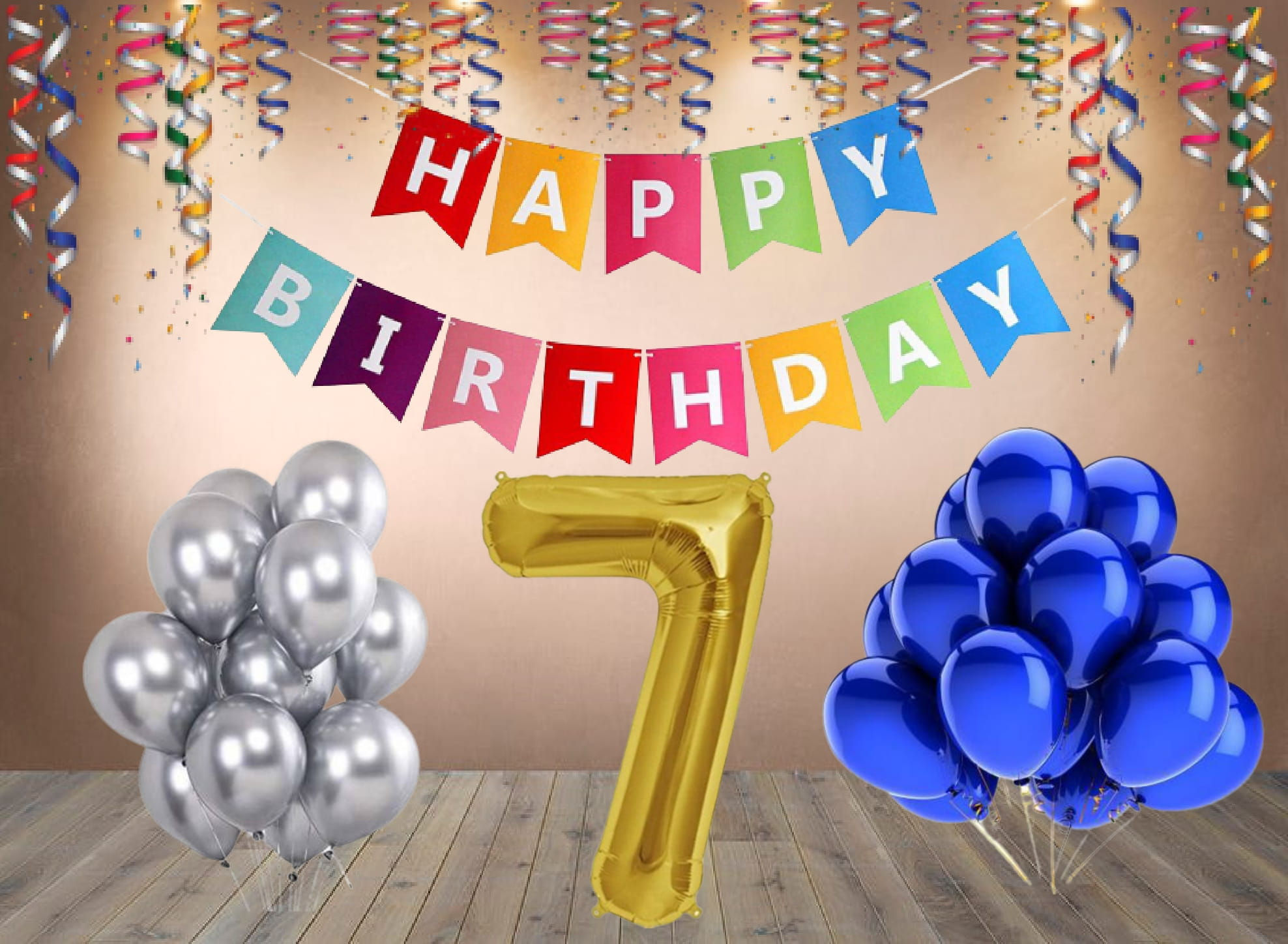 Number 7 Foil Balloon with 25 Nos Blue Silver Balloons and Happy Birthday