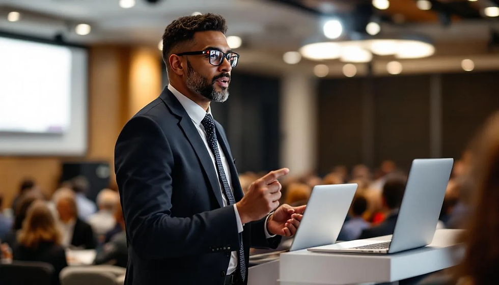 Un professionnel présente à un groupe lors d'une conférence, utilisant un écran de projection pour illustrer des concepts de gestion de projet. Les participants écoutent attentivement, prenant note des compétences et des techniques essentielles pour le succès dans le domaine du management de projet.