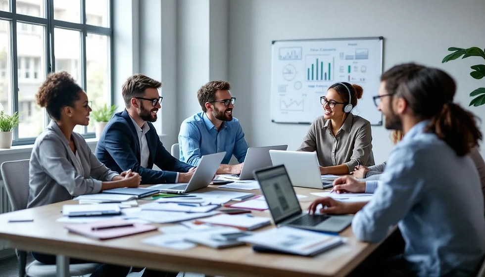 Une équipe de professionnels en gestion de projet se réunit autour d'une table, entourée d'ordinateurs portables et de documents, pour planifier un projet. Cette réunion met en avant l'importance de la collaboration et des compétences en management de projet pour assurer le succès des projets.