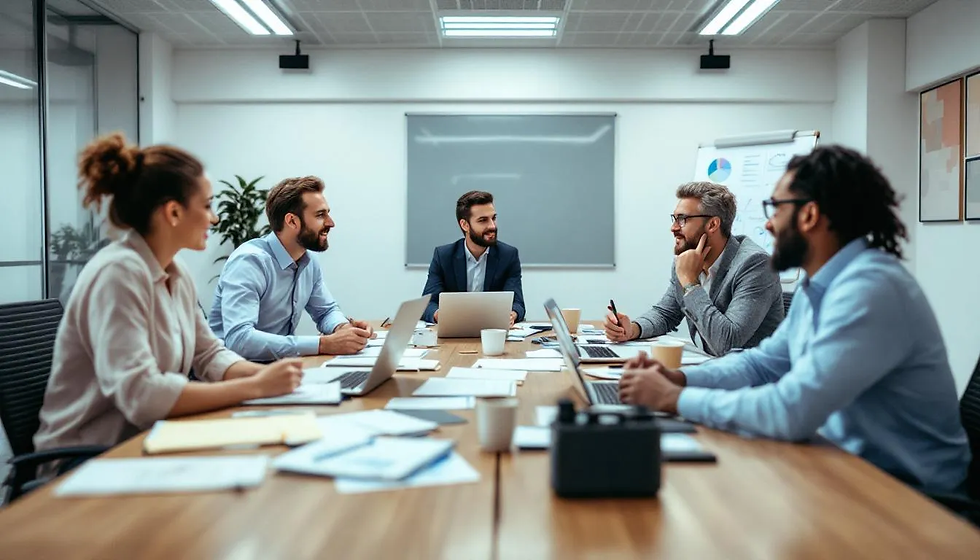 Une équipe d'employés est réunie autour d'une table de conférence, discutant de la planification stratégique pour un projet d'entreprise. Ils échangent des idées sur la mise en place d'un business plan, en analysant les opportunités et les risques liés à leur activité.