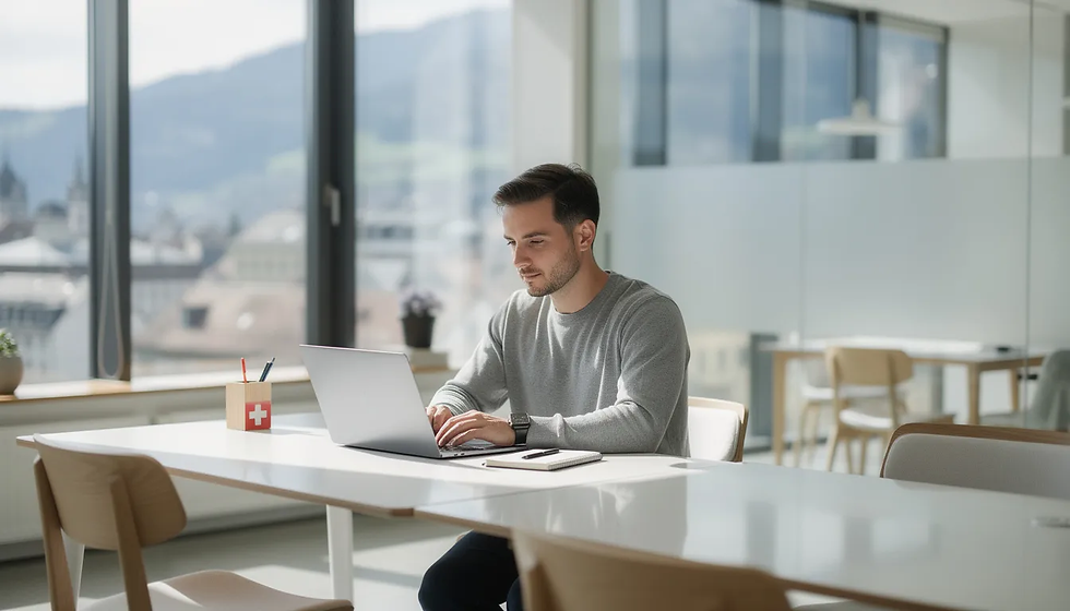Un entrepreneur travaille sur son ordinateur portable dans un espace de bureau moderne en Suisse. L'environnement est lumineux et contemporain, reflétant l'activité lucrative et les démarches administratives liées au permis de travail pour les ressortissants de l'Union Européenne.