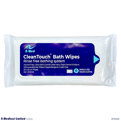Rinse Free Bath Wipes - Microwavable 20x20cm 8 wipes/pkt
