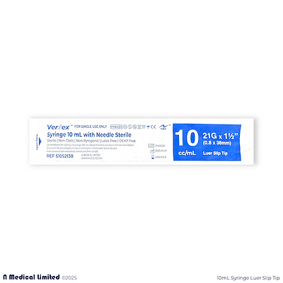 10mL Syringe with Needle 21G 1-1/2" 38mm, Sterile (Luer Slip)