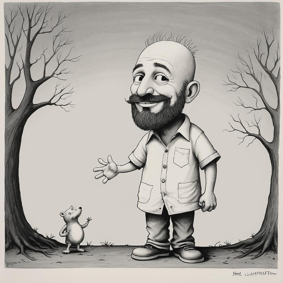 Black and White drawing of Shel Silverstein and a squirrel.