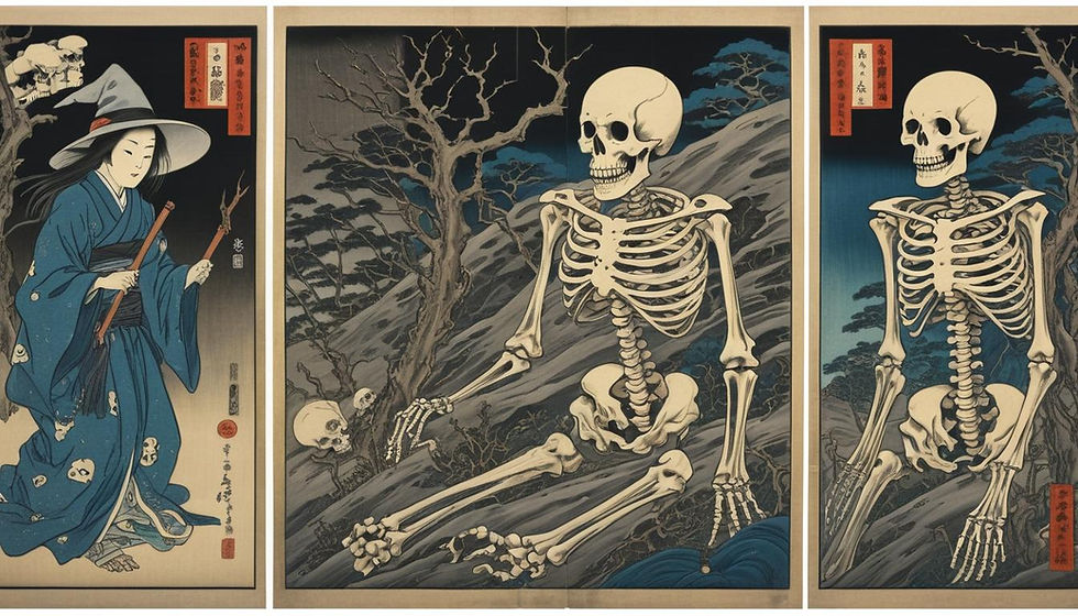 A Ukiyo-e woodblock illustration in three panels, depicting a witch in one panel and a skeleton in the remaining panels.