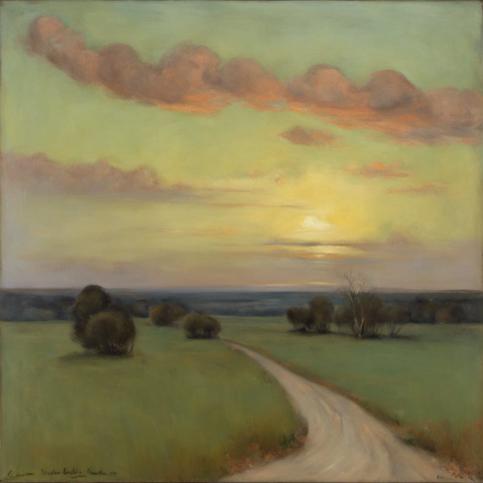 Landscape with dirt road at sunset.