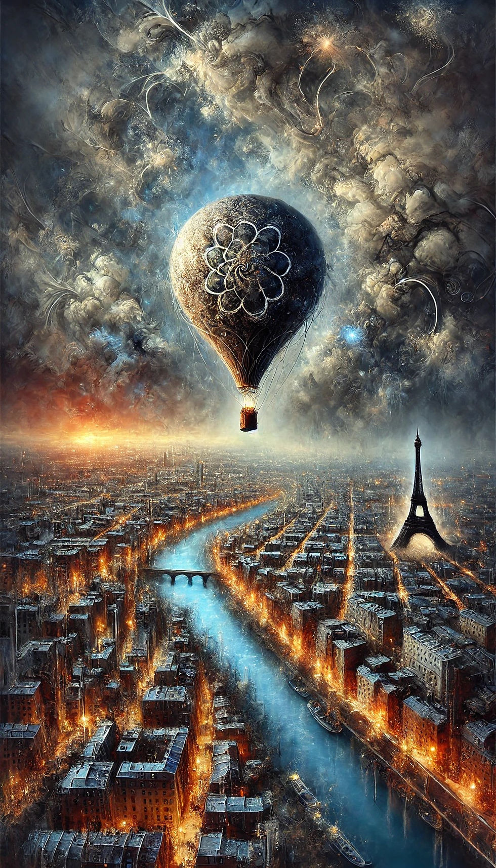 A balloon with sails over Paris at Night.