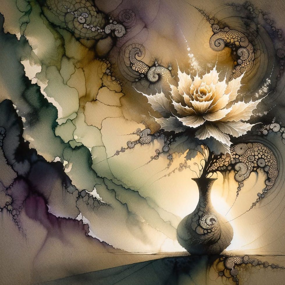 A surreal, fractal-inspired floral arrangement emerging from an ornate vase. The petals and surrounding elements blend into intricate, swirling patterns, resembling organic fractals. Soft golden light bathes the scene, enhancing its ethereal and dreamlike quality. The watercolor-like textures and flowing forms create a sense of harmony between nature and abstraction.