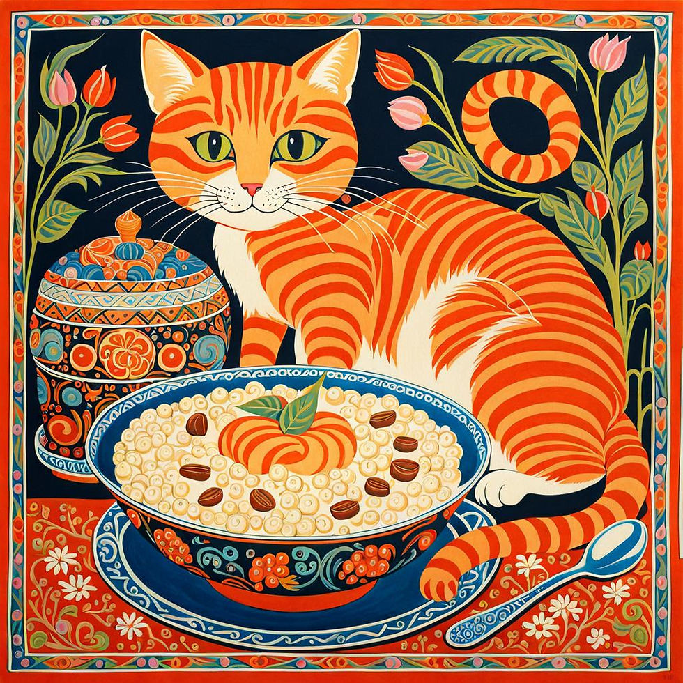 Decorative print of an orange striped cat sits next to a bowl of porridge.