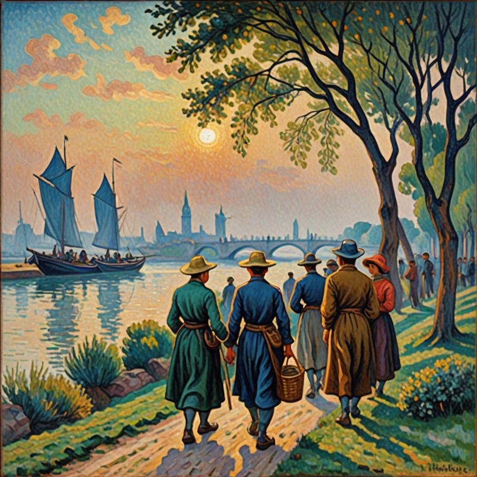 Neo-impressionist image of people walking on a dirt road near the Seine.