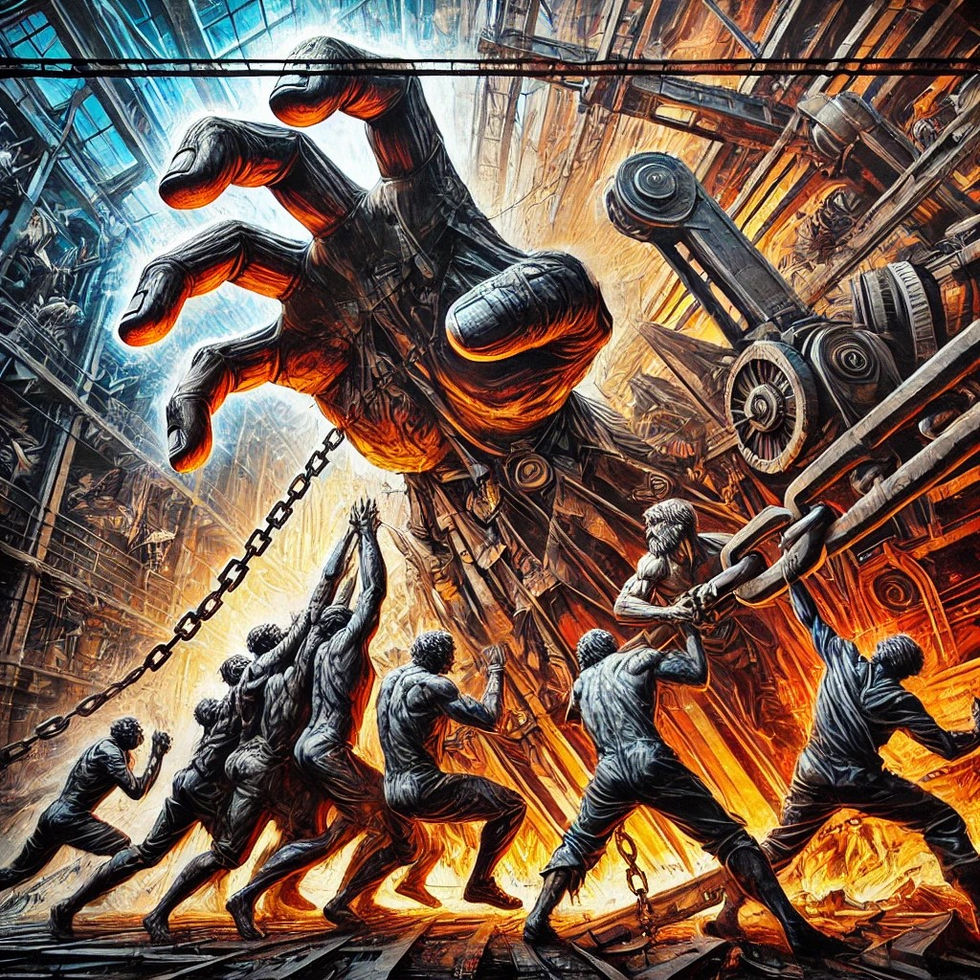 A mural showing workers attempting to contain a giant mechanical hand.