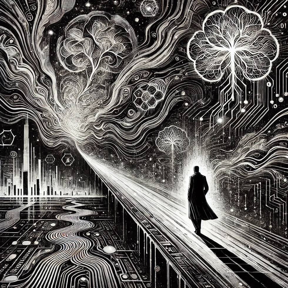 Abstract illustration of a person walking down a road surrounded by a digital world.