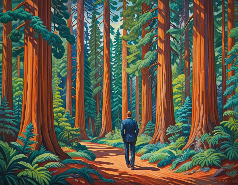 A person in a suit walks through a sunlit forest of tall redwoods, surrounded by green foliage. The mood is serene and contemplative.
